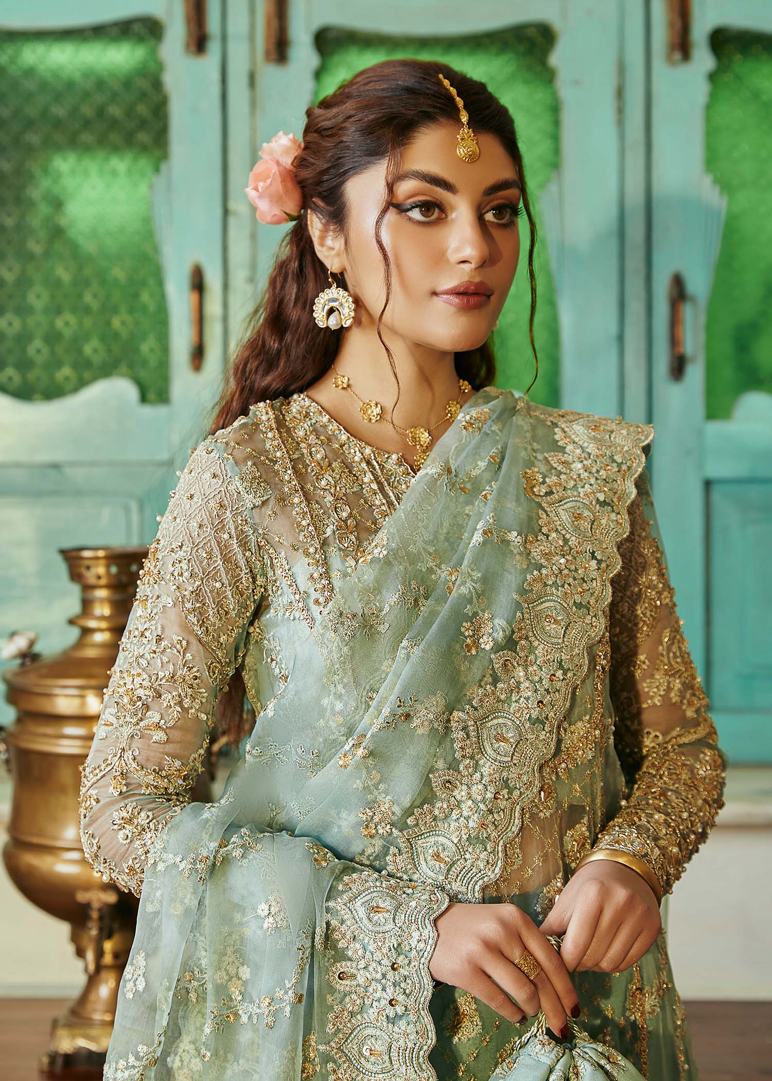 Kanwal Malik Sea Green Panel shirt with wide-legged silhouette for Luxury Wedding wear - Pakistani Designer Wear for Women in UK | Kifat