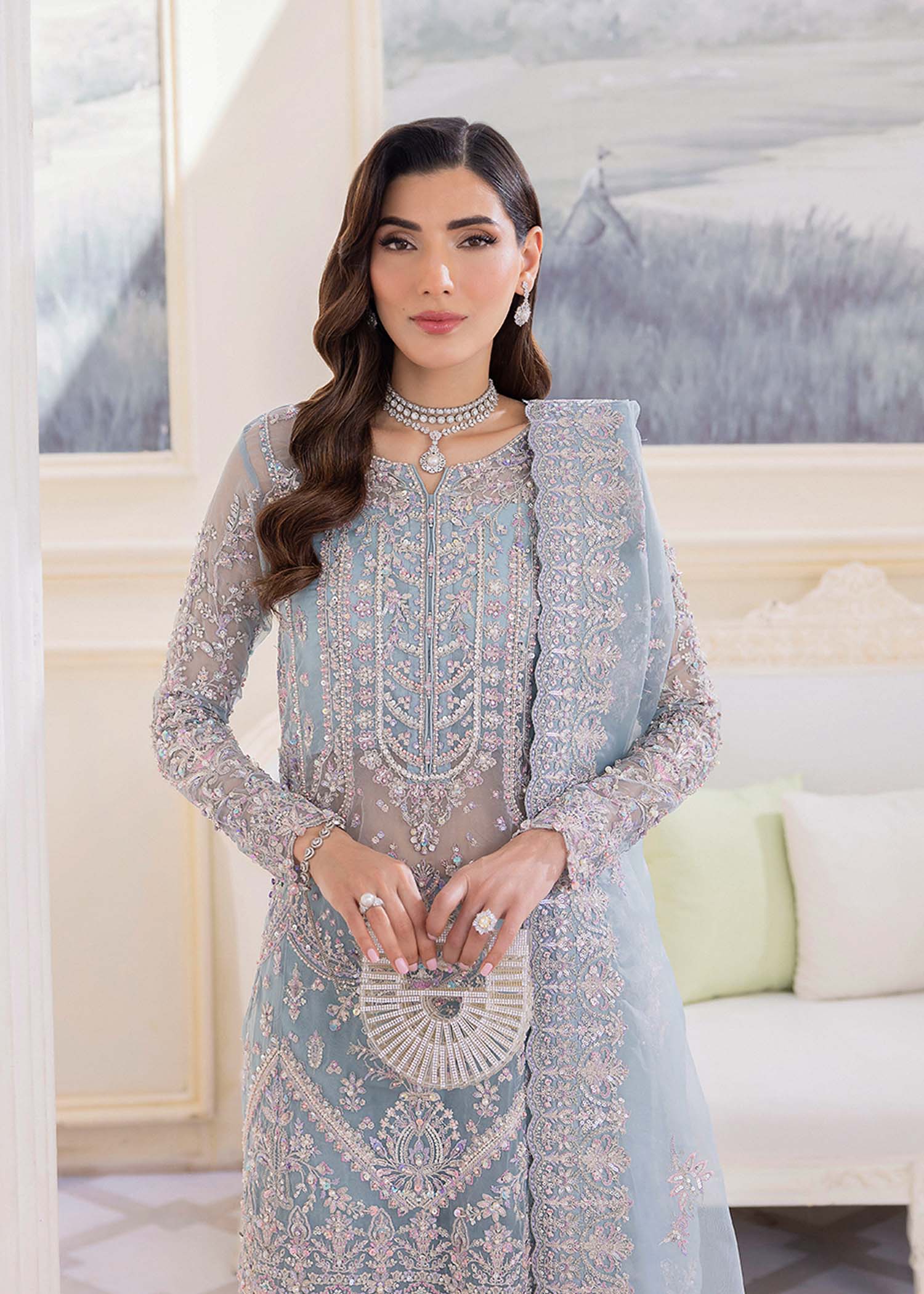Kanwal Malik Ice Blue mid-length shirt with culottes pants for Luxury Wedding wear - Pakistani Designer Wear for Women in UK | Kifat