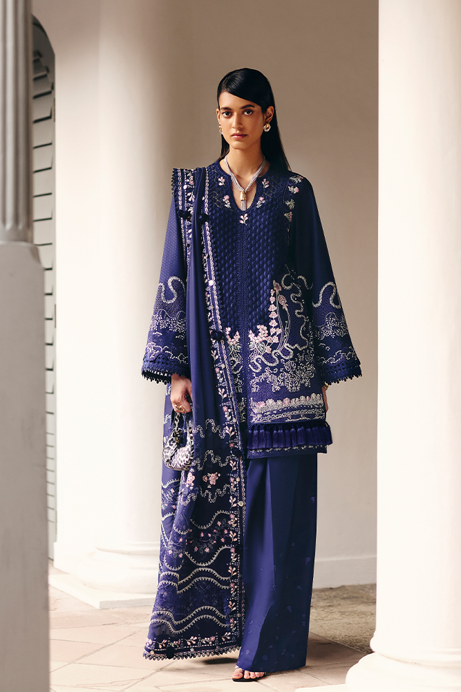 Model Wearing Suffuse by Sana Yasir SAHRA Midnight Blue front-open A-line shirt with pants for Casual Dress- Pakistani Designer wear for Women in UK | Kifat