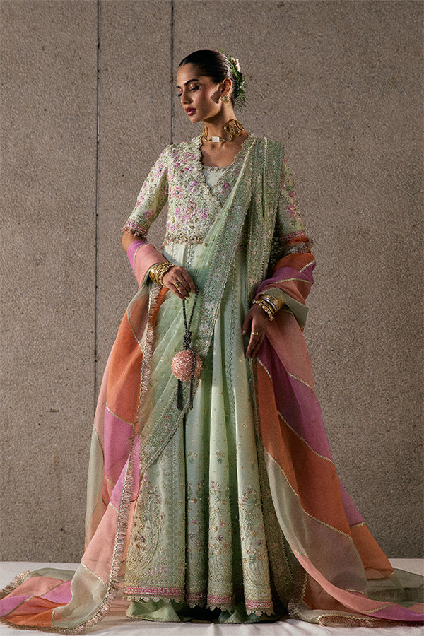 Model Wearing Suffuse by Sana Yasir Aymara Icy Mint Pishwas for Wedding Wear - Pakistani Designer wear for Women in UK | Kifat