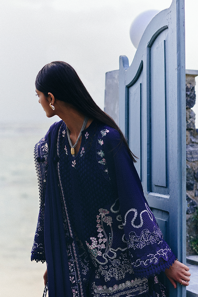 Model Wearing Suffuse by Sana Yasir SAHRA Midnight Blue front-open A-line shirt with pants for Casual Dress- Pakistani Designer wear for Women in UK | Kifat