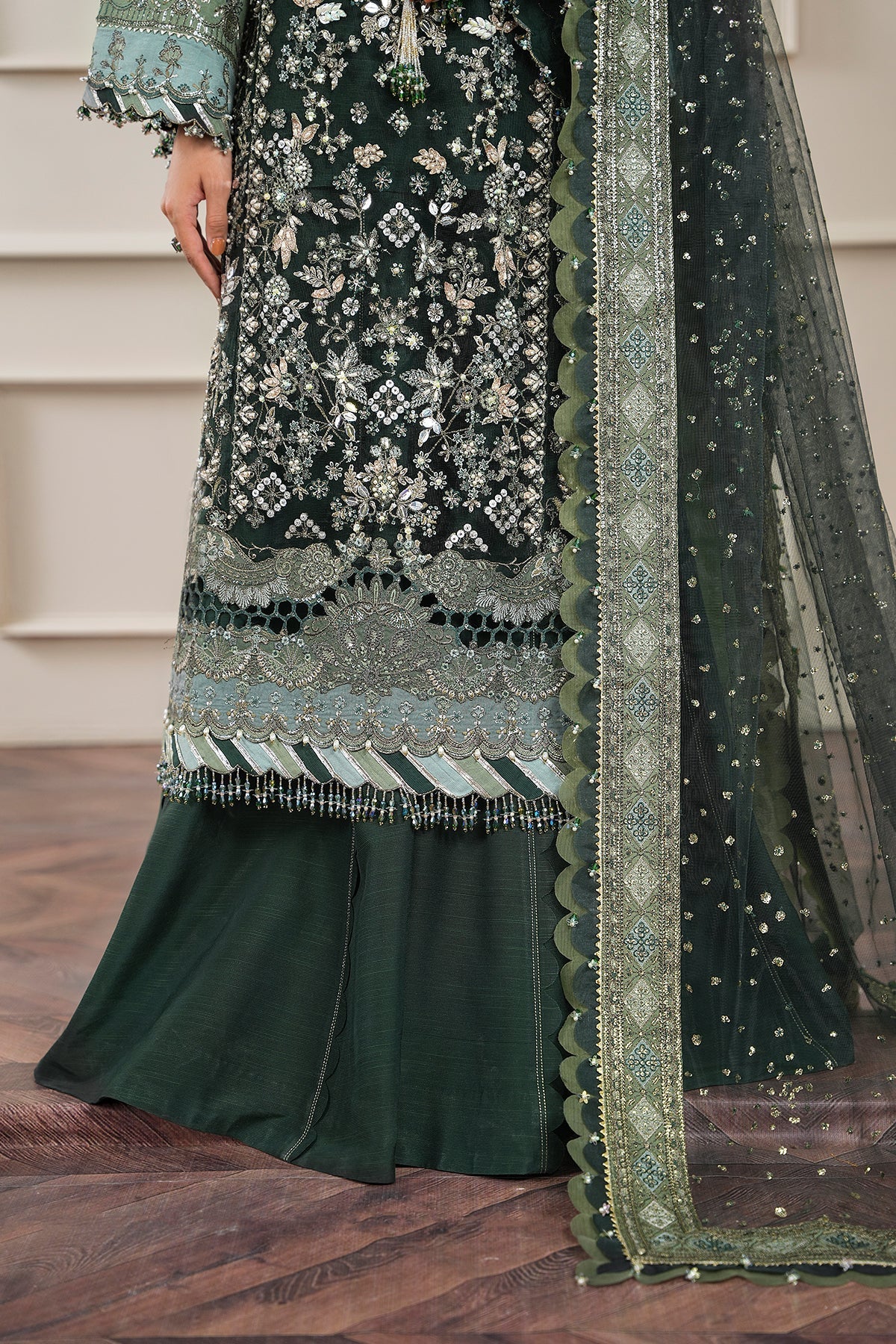 Baroque CH12-05 Green Long Shirt with Sharara,Slit Shirt with Crushed Sharara for Formal Events - Pakistani Designer Wear for Women in UK | Kifat