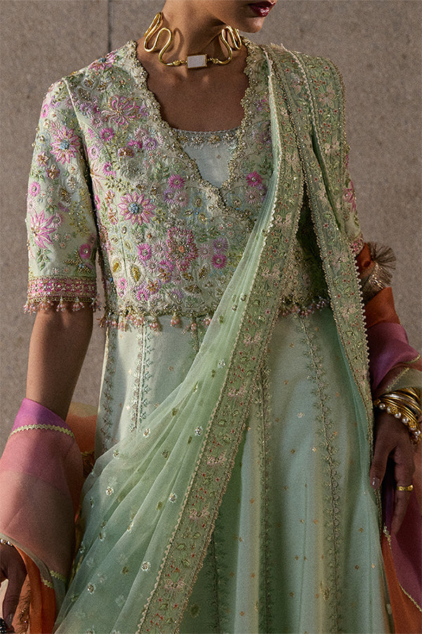 Model Wearing Suffuse by Sana Yasir Aymara Icy Mint Pishwas for Wedding Wear - Pakistani Designer wear for Women in UK | Kifat
