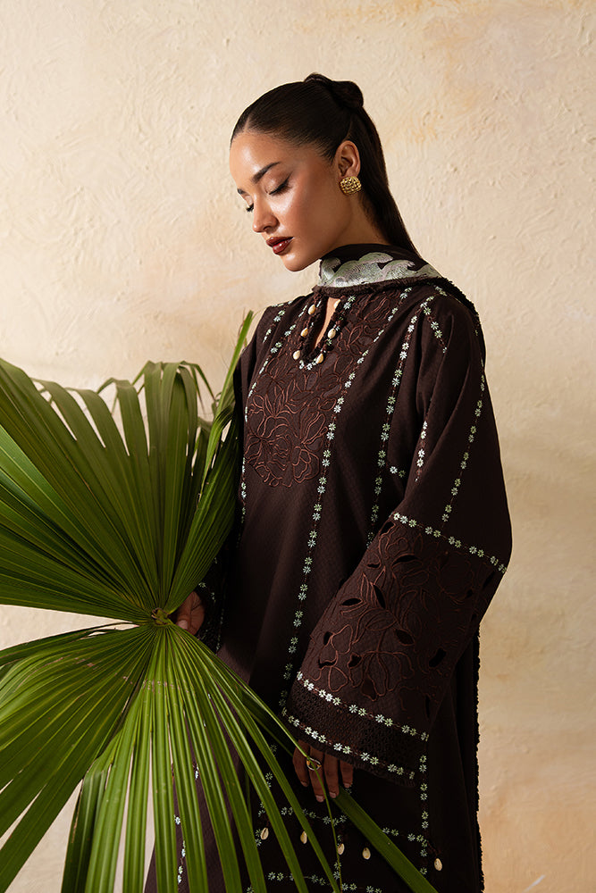 Model Wearing Suffuse by Sana Yasir RUVA Chocolate Brown Overlapped shirt with Culottes for Casual Dress- Pakistani Designer wear for Women in UK | Kifat