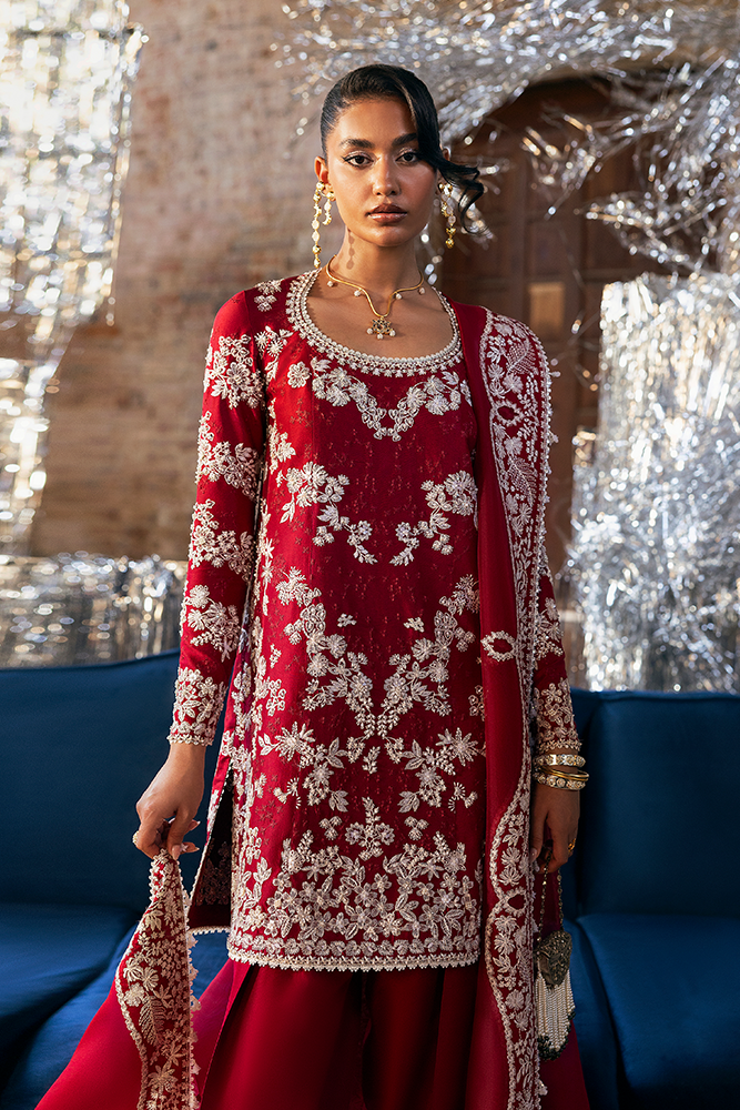 Model Wearing Suffuse by Sana Yasir SERI Cherry Red mid-length shirt with straight loose pants for Formal Events- Pakistani Designer wear for Women in UK | Kifat