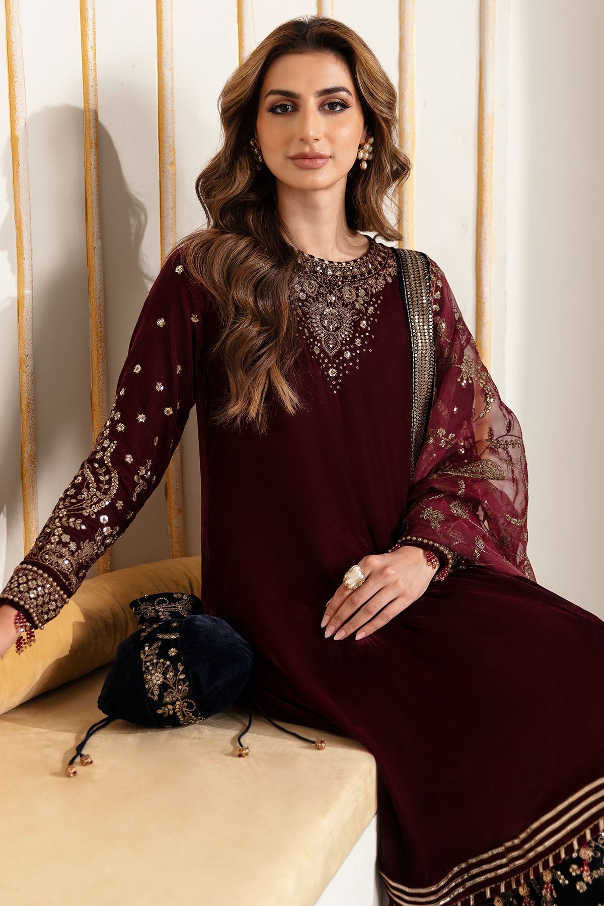 Women Wearing Embroidered Velvet Formal VF-2018 Maroon Short Shirt for Wedding Events - Pakistani Designer Wear for Women in UK | Kifat