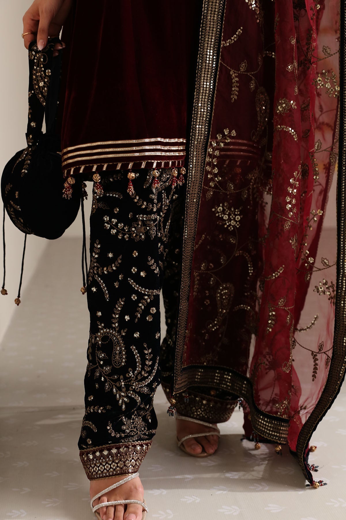 Women Wearing Embroidered Velvet Formal VF-2018 Maroon Short Shirt for Wedding Events - Pakistani Designer Wear for Women in UK | Kifat