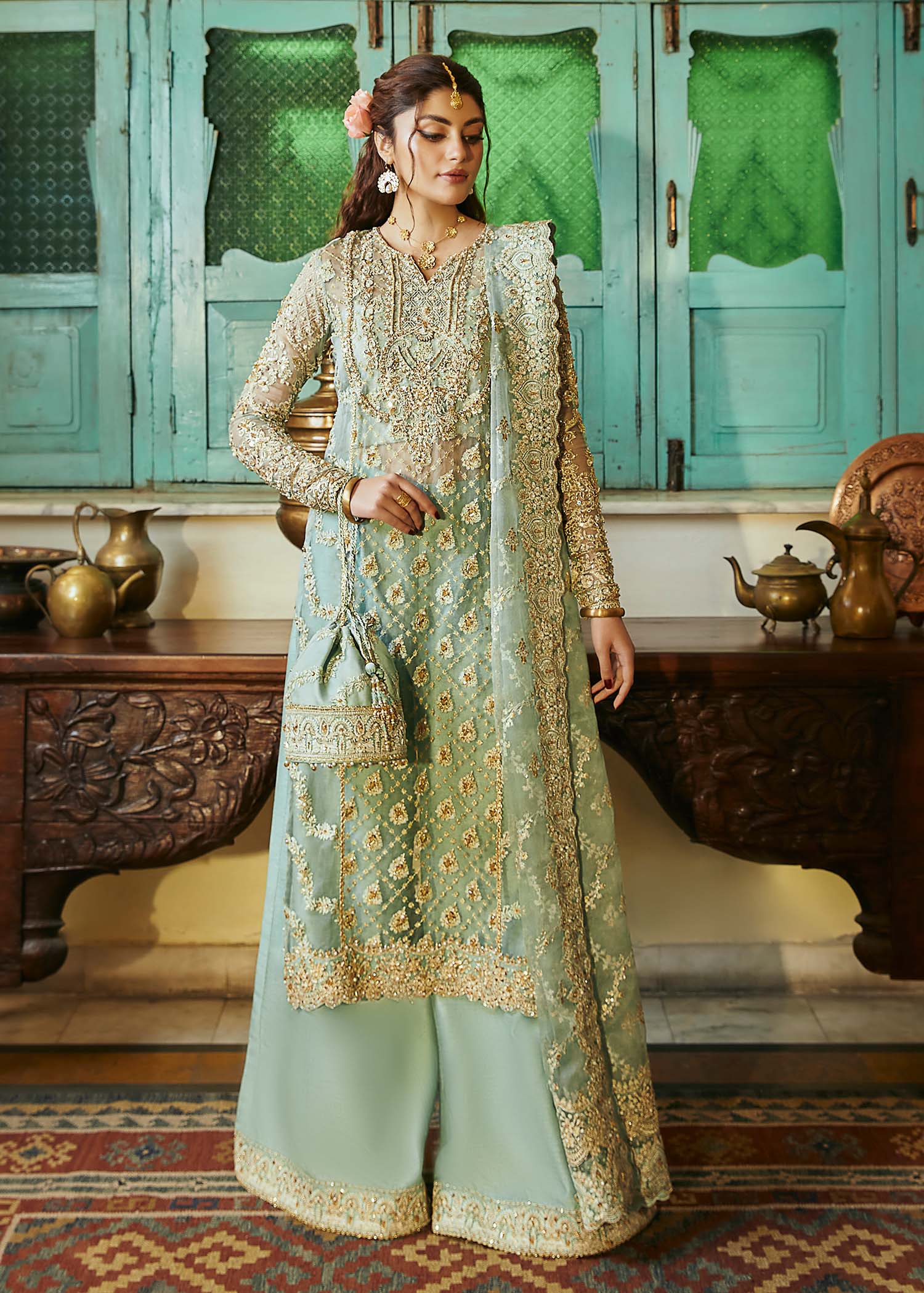 Kanwal Malik Sea Green Panel shirt with wide-legged silhouette for Luxury Wedding wear - Pakistani Designer Wear for Women in UK | Kifat