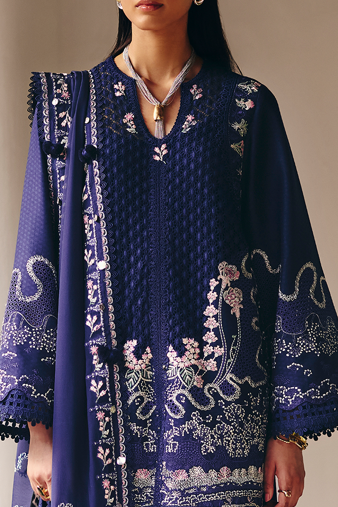 Model Wearing Suffuse by Sana Yasir SAHRA Midnight Blue front-open A-line shirt with pants for Casual Dress- Pakistani Designer wear for Women in UK | Kifat
