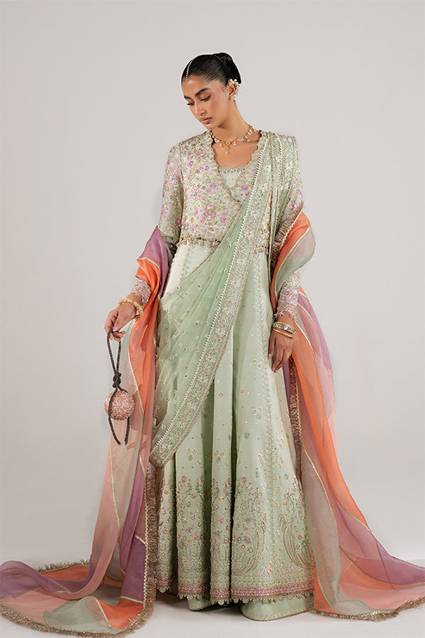 Model Wearing Suffuse by Sana Yasir Aymara Icy Mint Pishwas for Wedding Wear - Pakistani Designer wear for Women in UK | Kifat