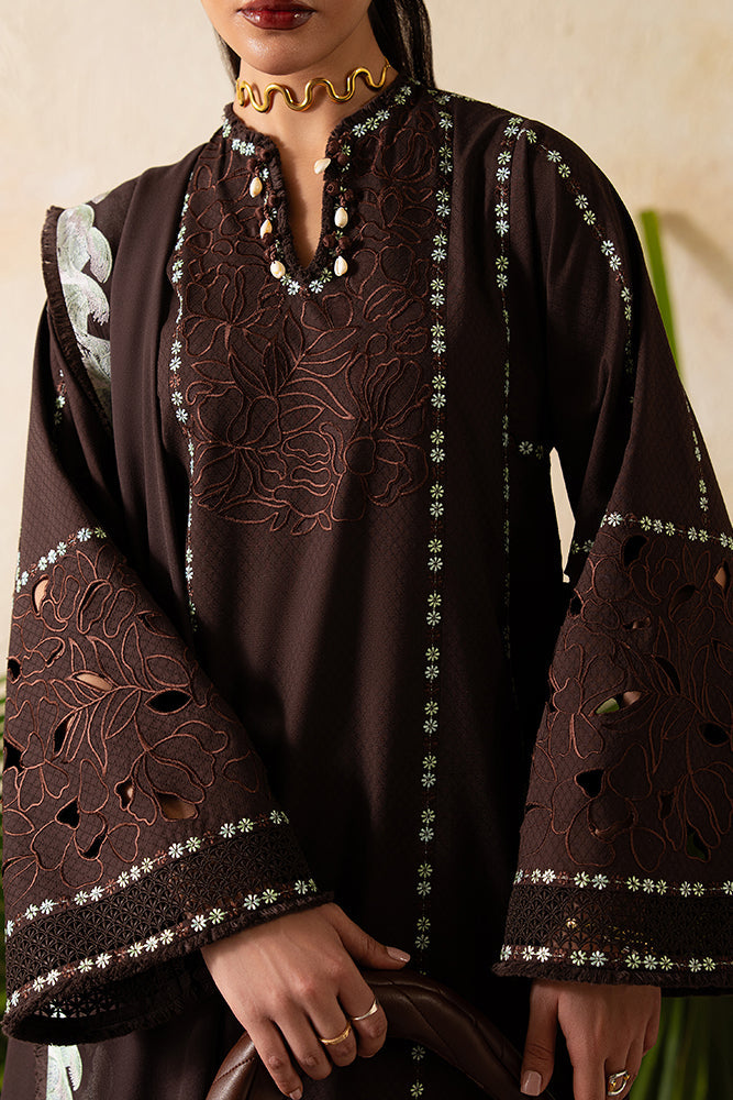 Model Wearing Suffuse by Sana Yasir RUVA Chocolate Brown Overlapped shirt with Culottes for Casual Dress- Pakistani Designer wear for Women in UK | Kifat
