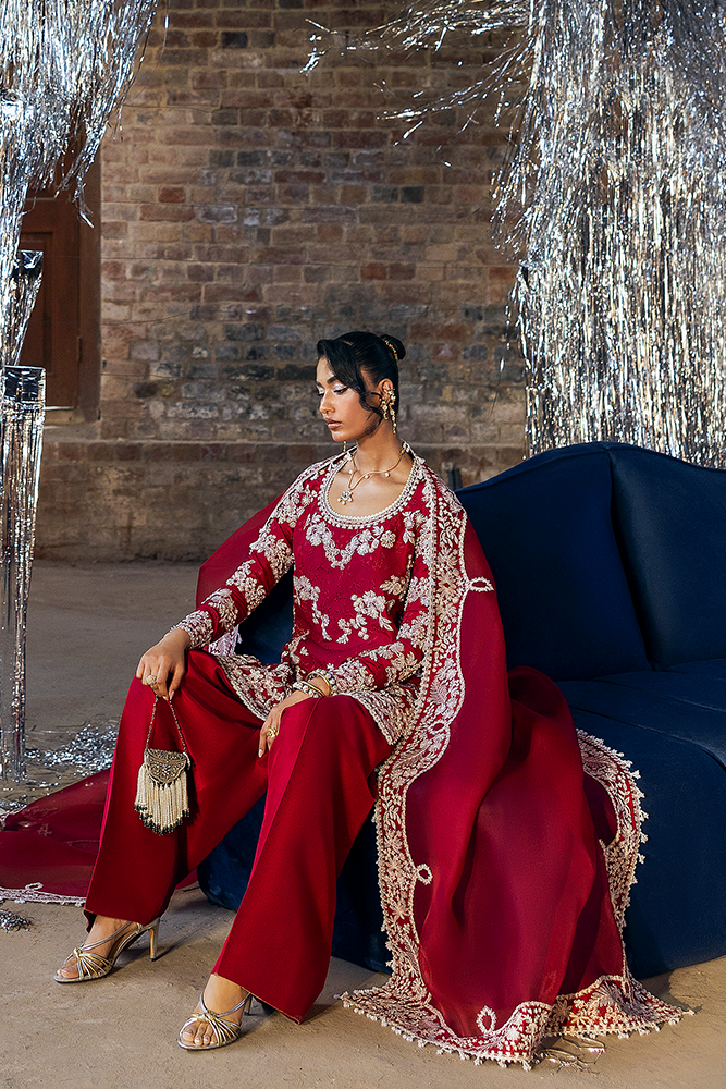 Model Wearing Suffuse by Sana Yasir SERI Cherry Red mid-length shirt with straight loose pants for Formal Events- Pakistani Designer wear for Women in UK | Kifat