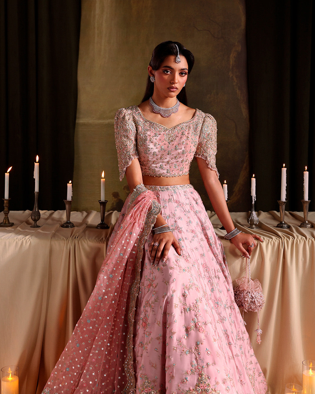 Model Wearing Faiza Saqlain Vanna Dusty Pink Shirt with Lehnga for wedding wear - Pakistani Designer Wear for Women in UK | Kifat