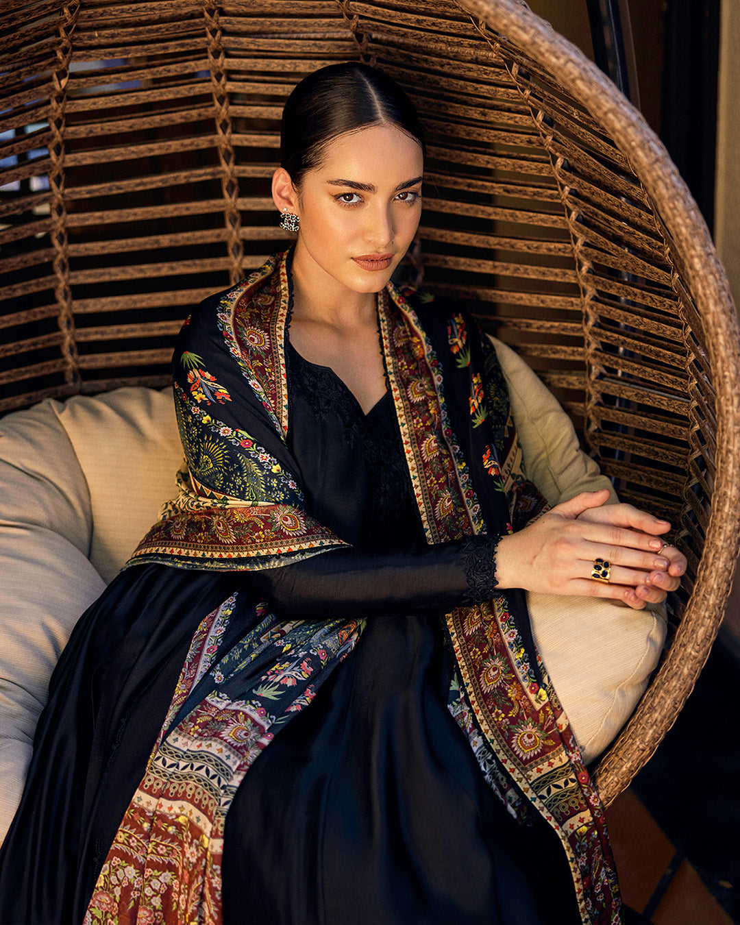 Model Wearing Faiza Saqlain Shelina Black Kalidaar with Culottes for Ladies wear - Pakistani Designer Wear for Women in UK | Kifat