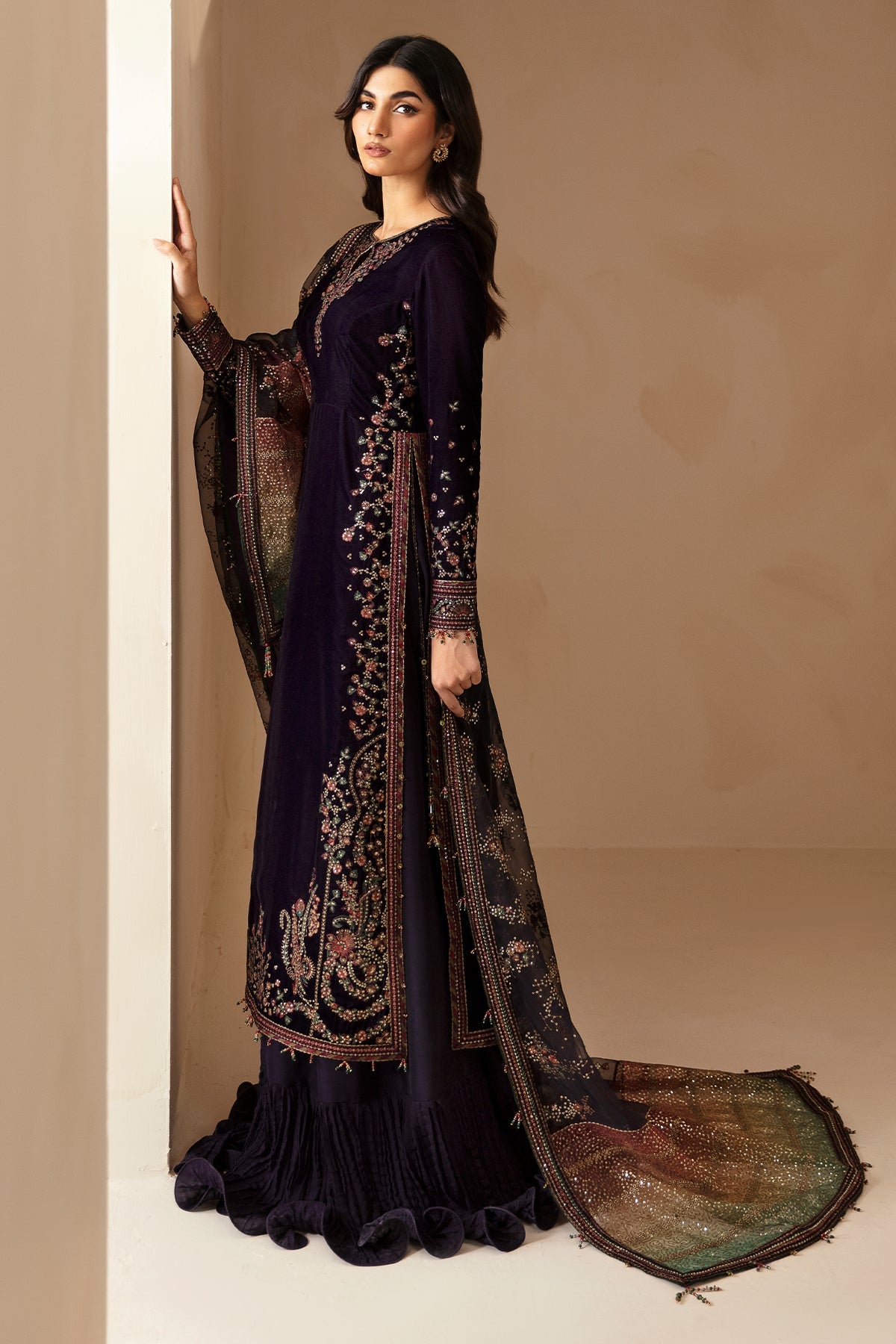 Women Wearing Embroidered Velvet Formal VF-2027 Purple Long Shirt with Sharara for Wedding Events - Pakistani Designer Wear for Women in UK | Kifat