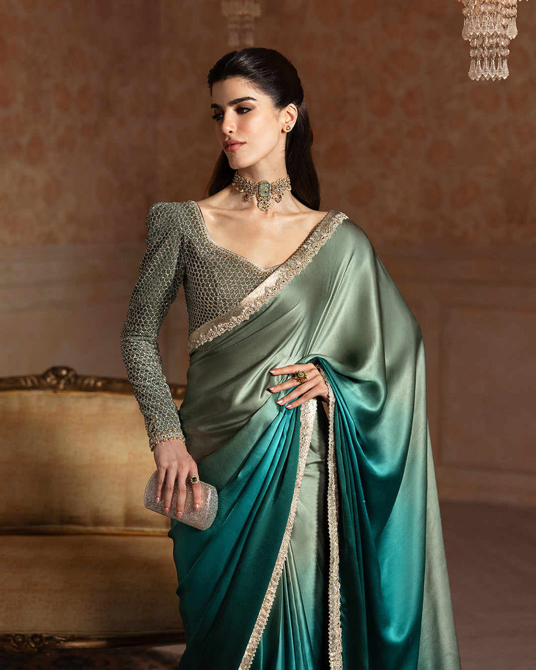 Model Wearing Faiza Saqlain Ailey Ombre Green Saree for wedding wear - Pakistani Designer Wear for Women in UK | Kifat