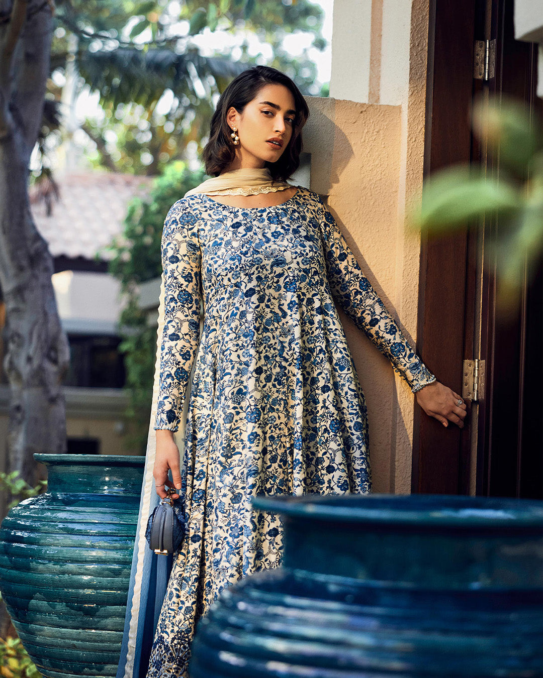 Model Wearing Faiza Saqlain Terylin Off-White & Blue Kalidaar with Culottes for Ladies wear - Pakistani Designer Wear for Women in UK | Kifat
