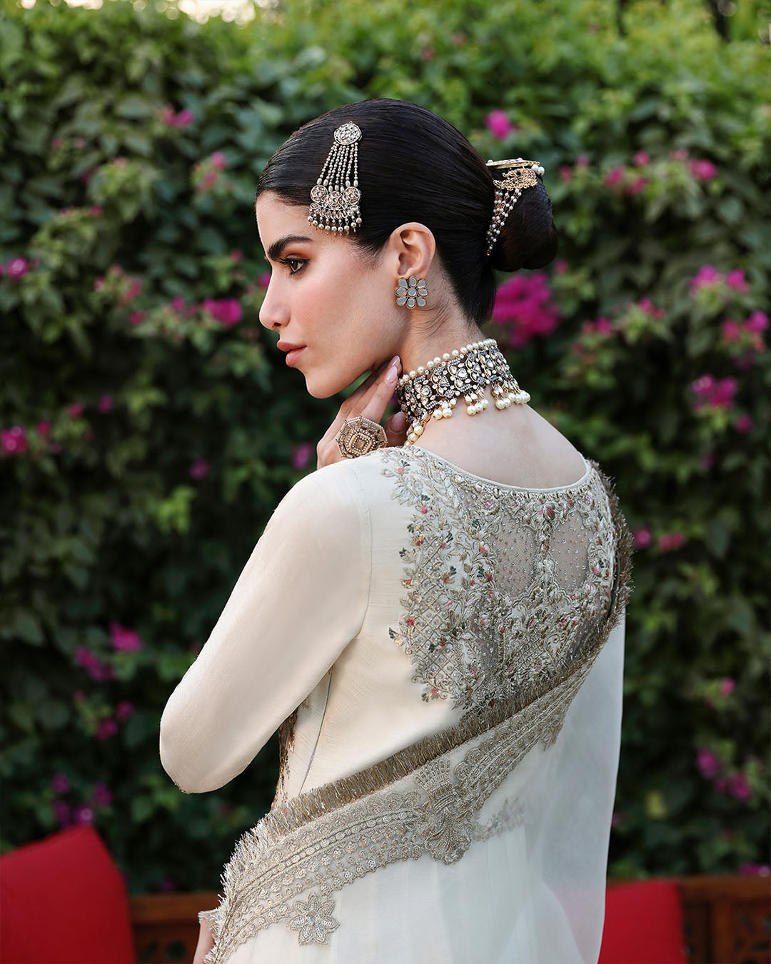 Model Wearing Faiza Saqlain Ailia Off-White Pishwas for wedding wear - Pakistani Designer Wear for Women in UK | Kifat