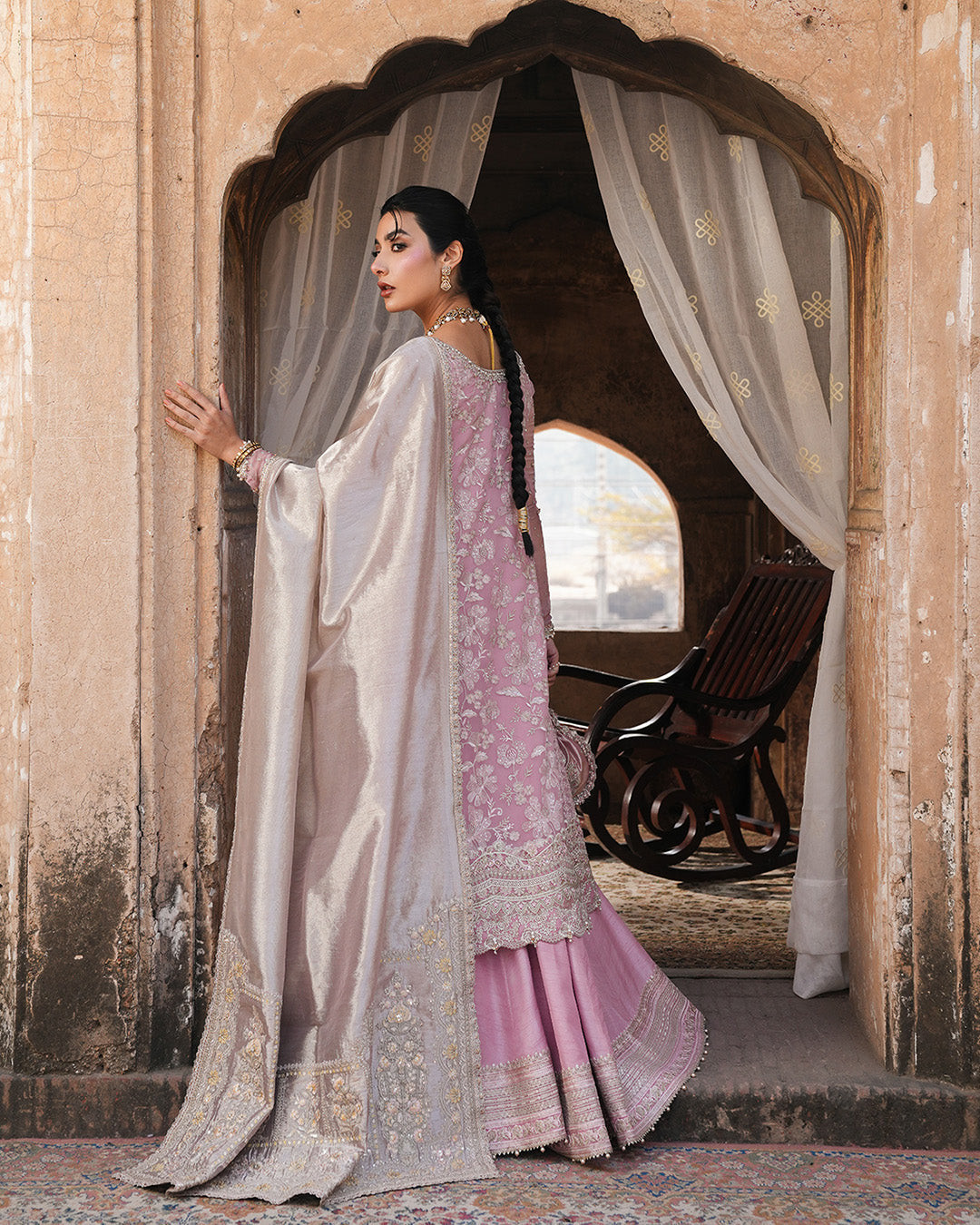 Model Wearing Faiza Saqlain Vemita Candy Floss Shirt with Sharara for wedding wear - Pakistani Designer Wear for Women in UK | Kifat