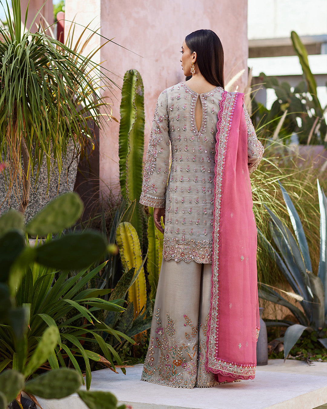 Model Wearing Faiza Saqlain Rosaline Pink & Grey Shirt with Flared Pants for wedding wear - Pakistani Designer Wear for Women in UK | Kifat