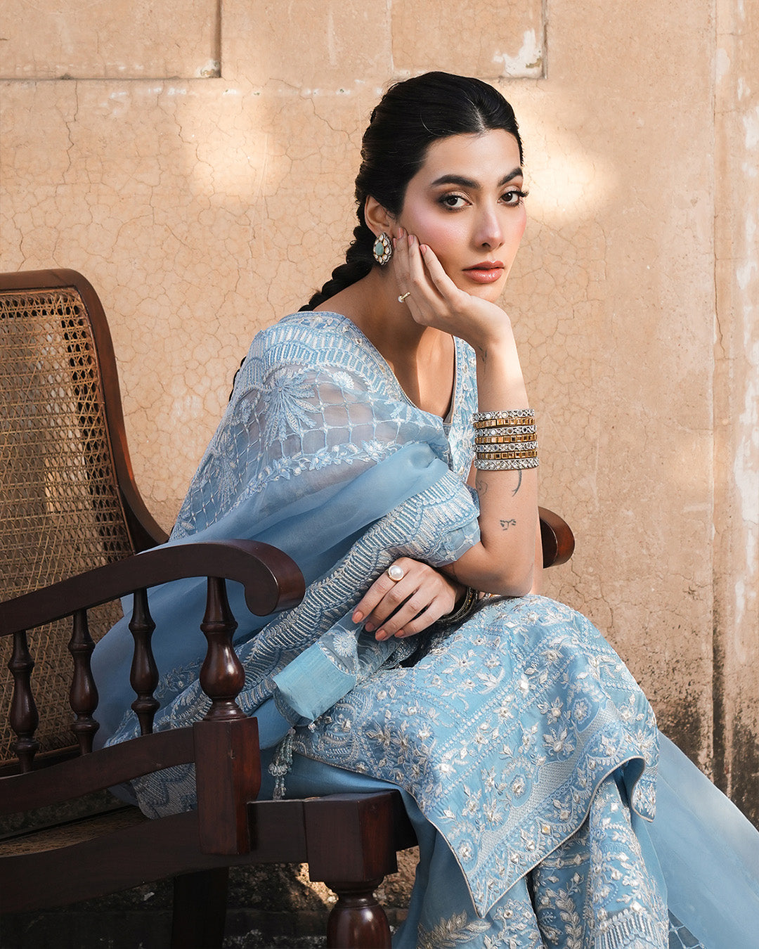 Model Wearing Faiza Saqlain Yulia Ice Blue Shirt with Culottes for formal events wear - Pakistani Designer Wear for Women in UK | Kifat
