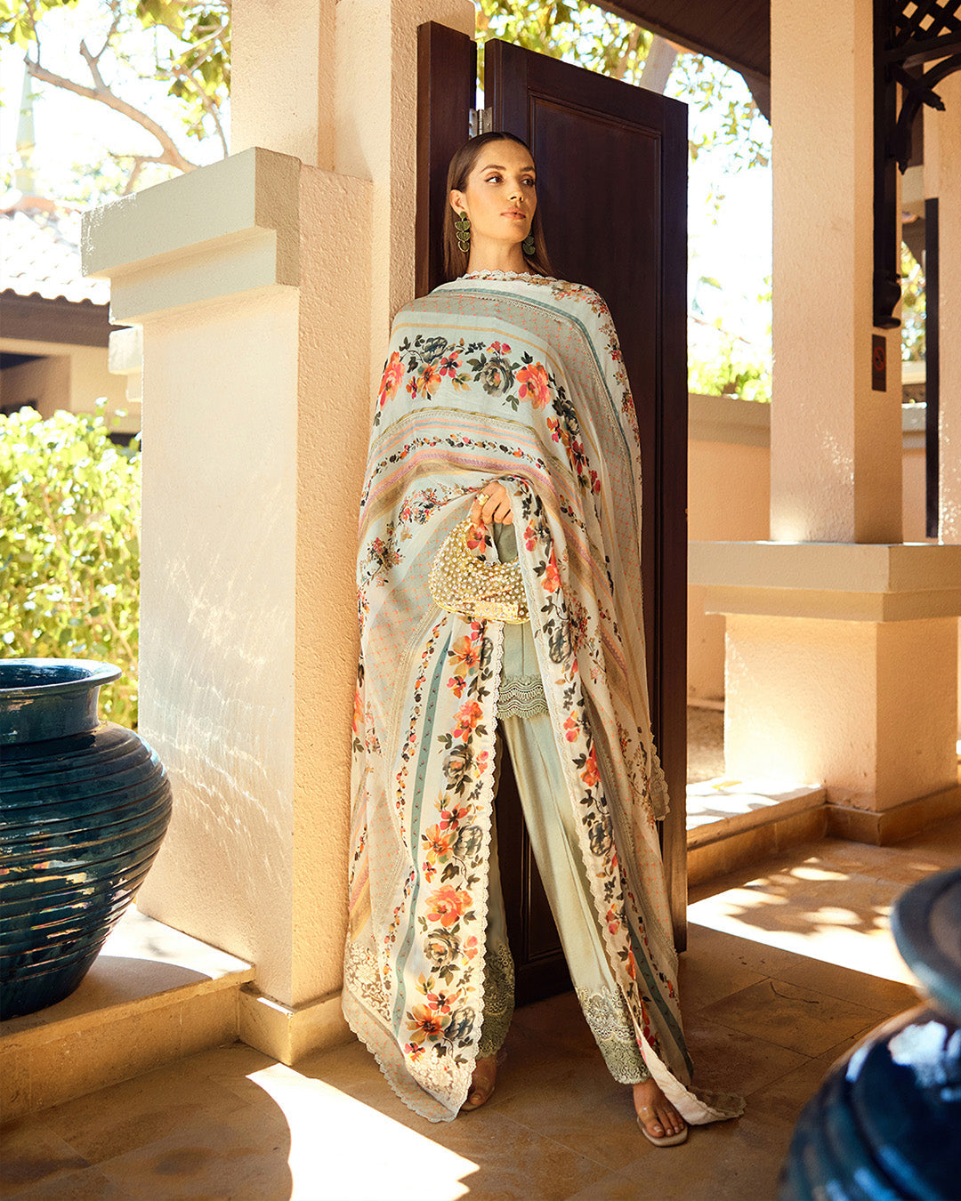 Model Wearing Faiza Saqlain Leia Pastel Blue Kalidaar with Culottes for Ladies wear - Pakistani Designer Wear for Women in UK | Kifat