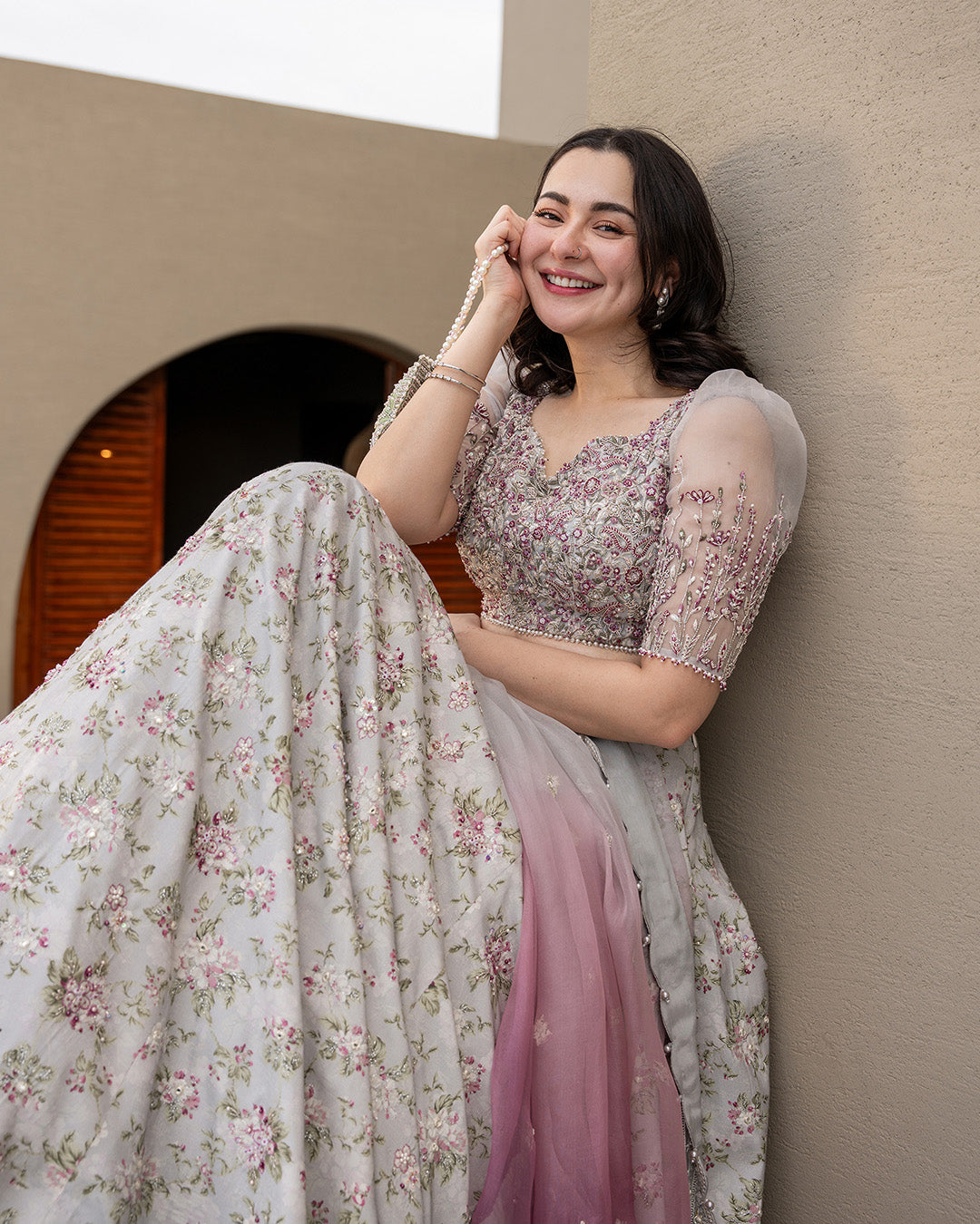 Model Wearing Faiza Saqlain Chanaah Light Grey Lehnga Choli for wedding wear - Pakistani Designer Wear for Women in UK | Kifat