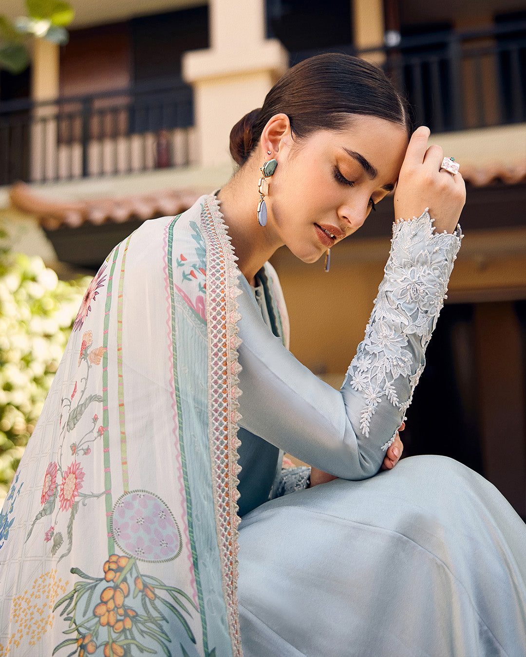 Model Wearing Faiza Saqlain Leia Pastel Blue Kalidaar with Culottes for Ladies wear - Pakistani Designer Wear for Women in UK | Kifat