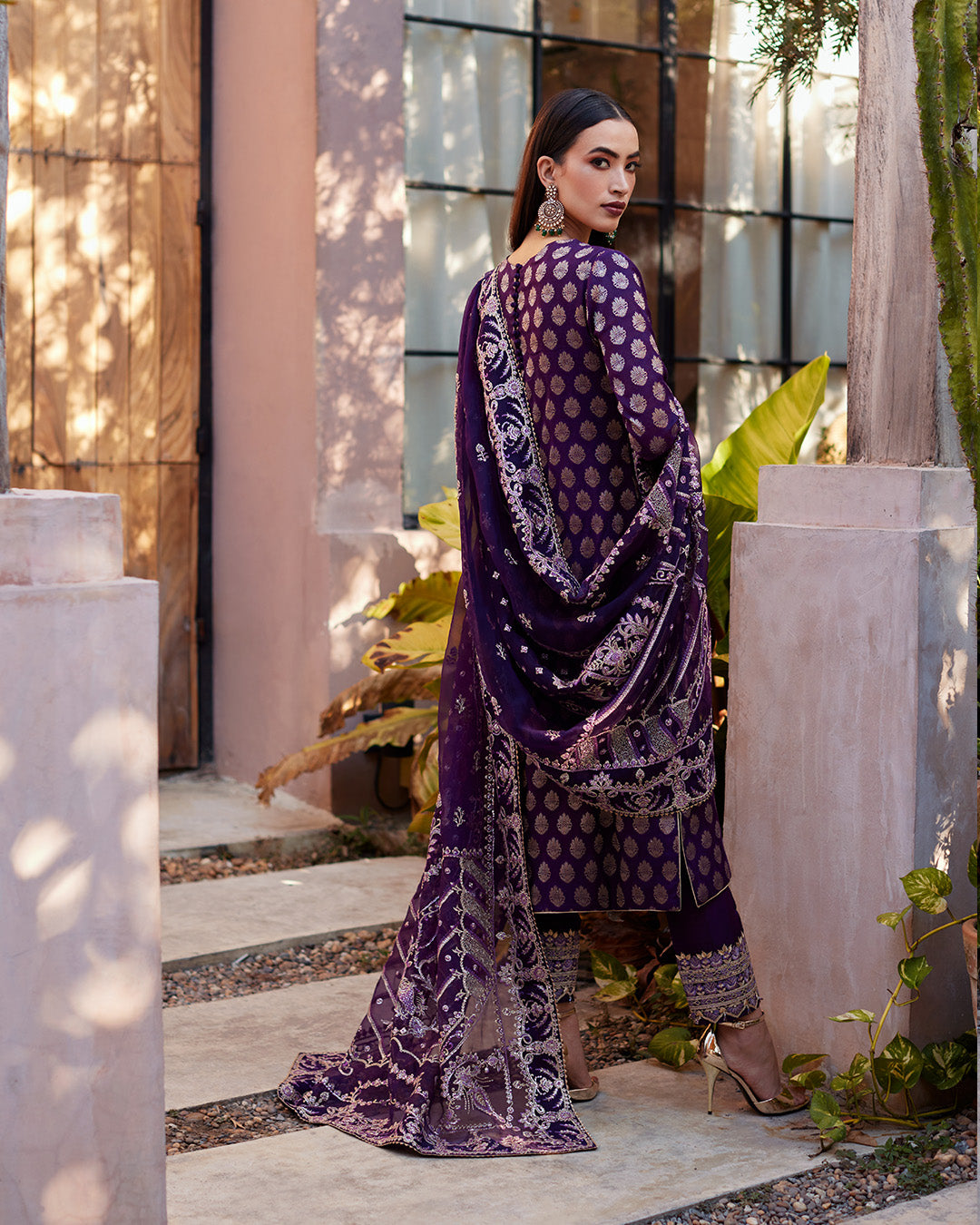 Model Wearing Faiza Saqlain Clara Plum Shirt Trouser for formal events wear - Pakistani Designer Wear for Women in UK | Kifat