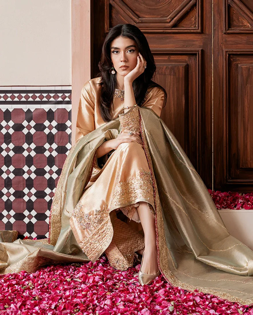 Women Wearing Parisa Peach Gold Long Shirt for Formal Events - Pakistani Designer Wear for Women in UK | Kifat