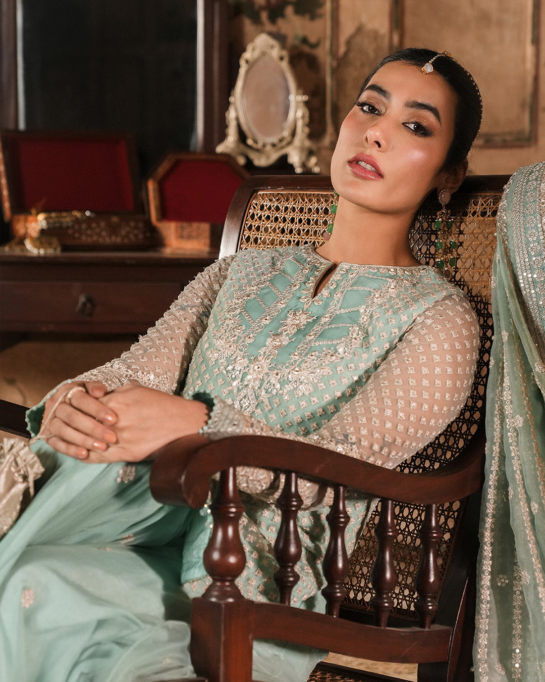 Model Wearing Faiza Saqlain Valari Pastel Blue Shirt with Sharara for wedding wear - Pakistani Designer Wear for Women in UK | Kifat