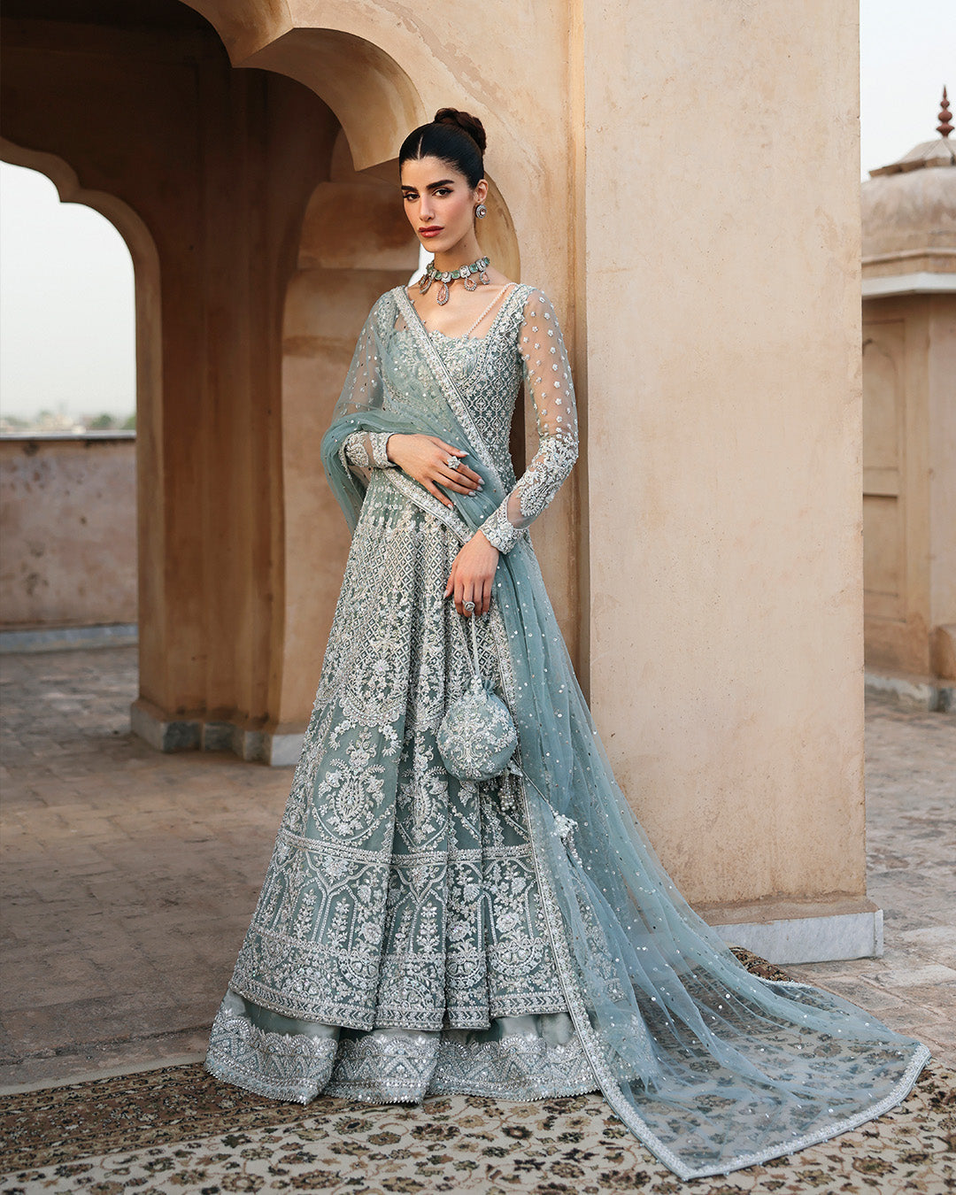 Model Wearing Faiza Saqlain Dorien Mint Blue Pishwas with Lehnga for wedding wear - Pakistani Designer Wear for Women in UK | Kifat