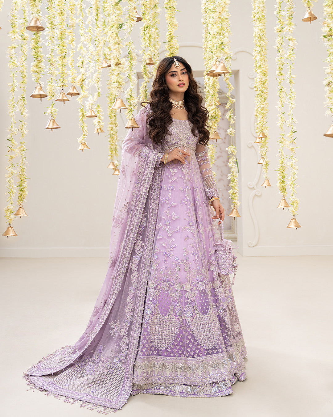 Model Wearing Faiza Saqlain Pinar Lilac Jacket Shirt with Lehnga for wedding wear - Pakistani Designer Wear for Women in UK | Kifat