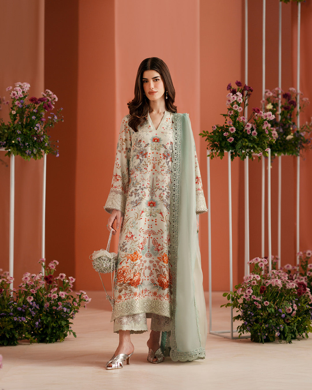 Women Wearing Tayma Ice Blue Shirt with Pants for Luxury Events - Pakistani Designer Wear for Women in UK | Kifat