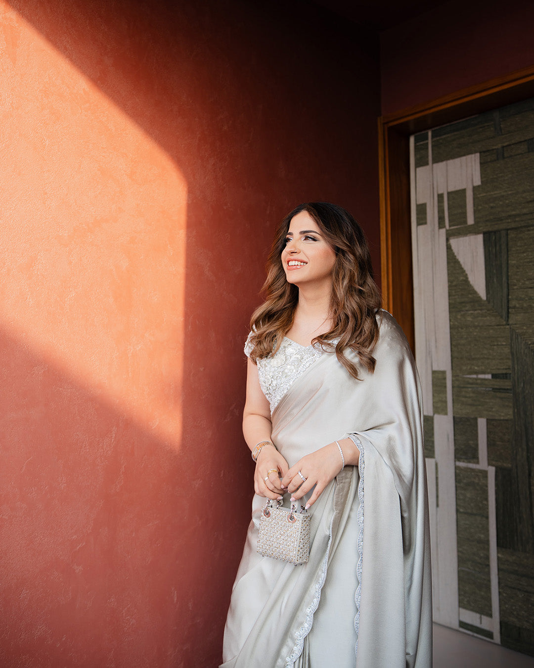 Model Wearing Faiza Saqlain Zahavah Soft Oyster Saree for wedding wear - Pakistani Designer Wear for Women in UK | Kifat