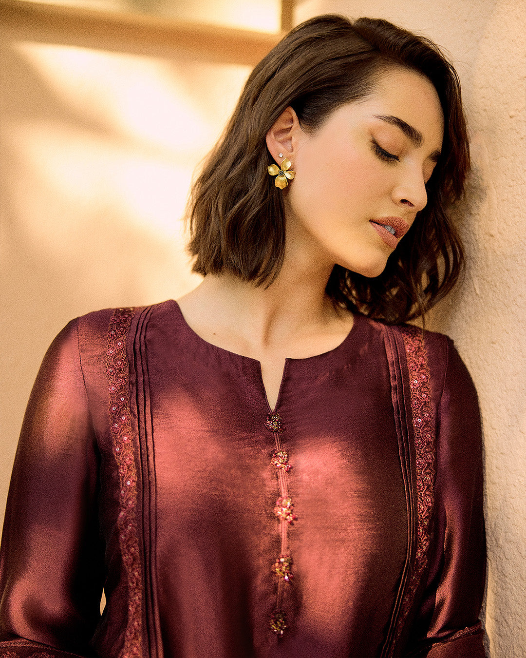 Model Wearing Faiza Saqlain Triana Dark Maroon Shirt with Shalwar for Ladies wear - Pakistani Designer Wear for Women in UK | Kifat