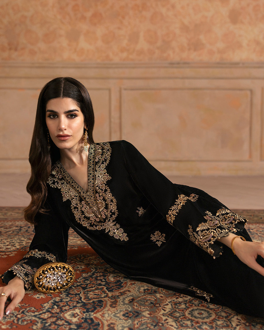Model Wearing Faiza Saqlain Vita Black Shirt with Trouser for formal events wear - Pakistani Designer Wear for Women in UK | Kifat