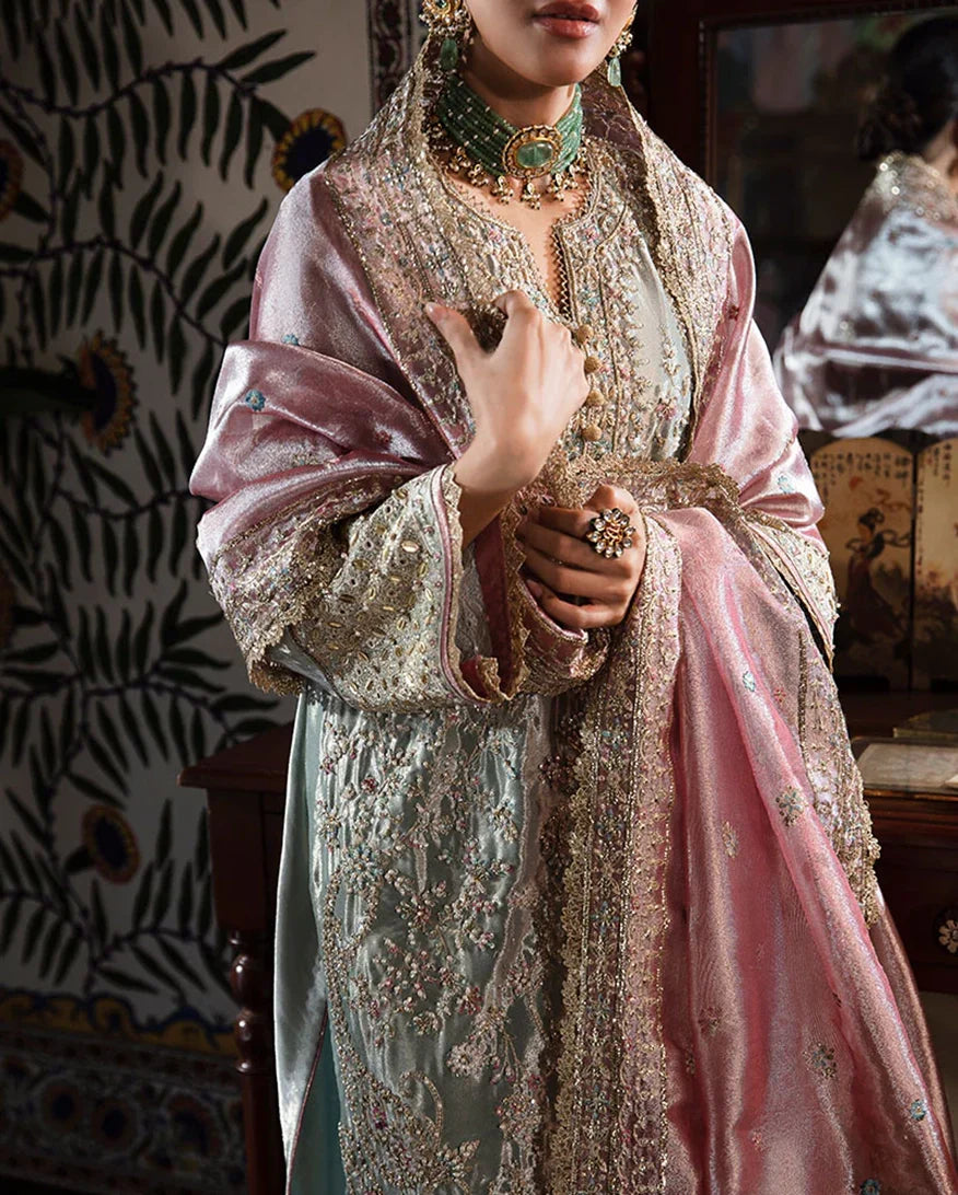 Women Wearing Amaya Aqua Silver Long Shirt for Formal Events - Pakistani Designer Wear for Women in UK | Kifat