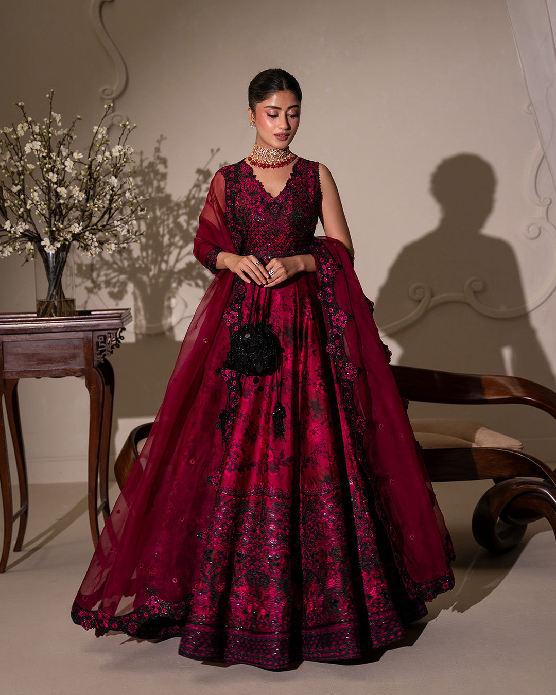 Model Wearing Faiza Saqlain Havin Dark Magenta Pink Shirt with Lehnga for wedding wear - Pakistani Designer Wear for Women in UK | Kifat