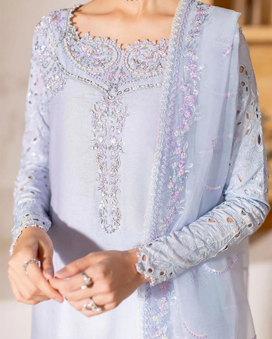 Women Wearing Verve Ice Blue Long Shirt for Luxury Events - Pakistani Designer Wear for Women in UK | Kifat