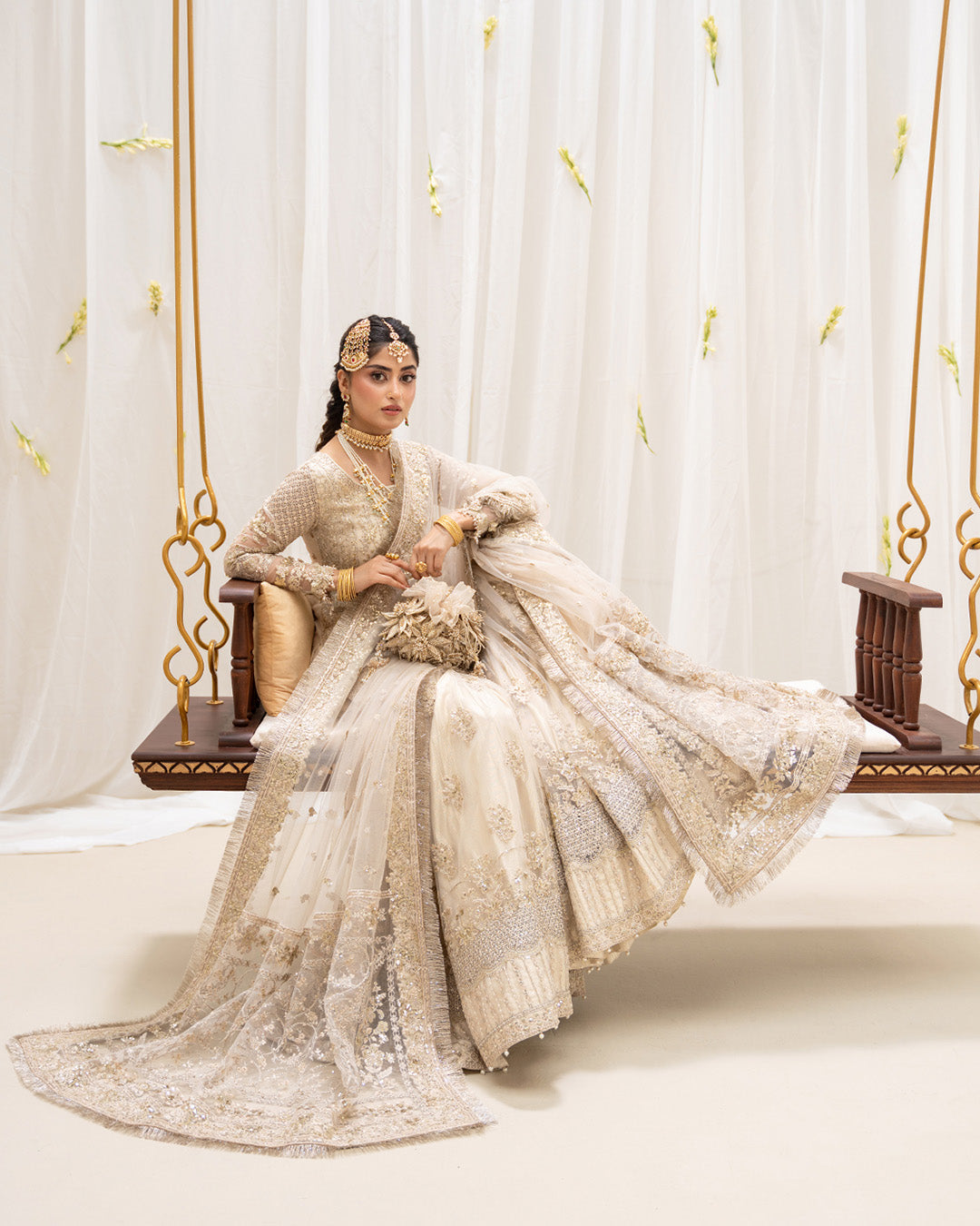 Model Wearing Faiza Saqlain Safak Ivory Shirt with Gharara for wedding wear - Pakistani Designer Wear for Women in UK | Kifat