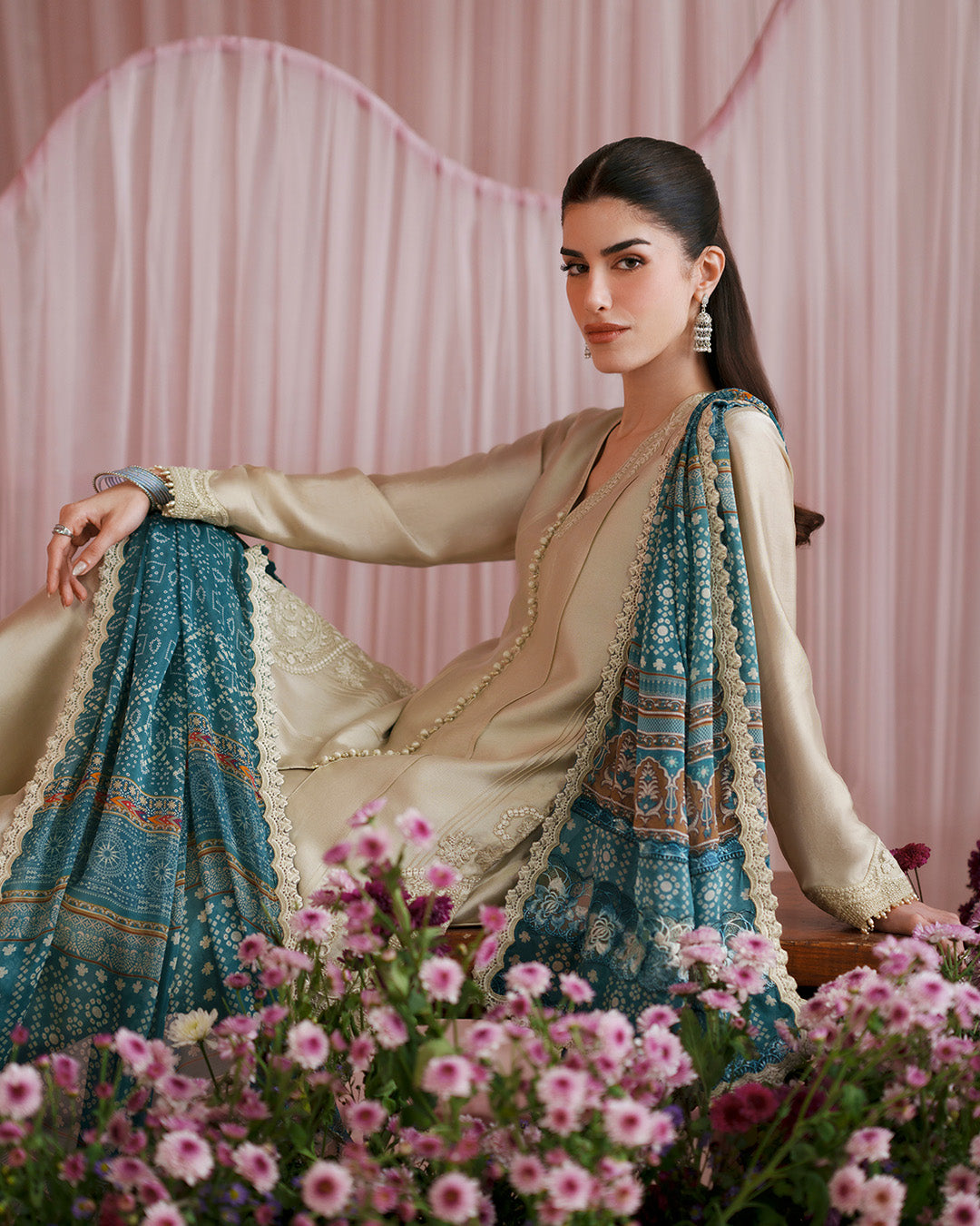 Women Wearing Rimaas Warm Ivory and Teal Shirt with Flared Pants for Luxury Events - Pakistani Designer Wear for Women in UK | Kifat