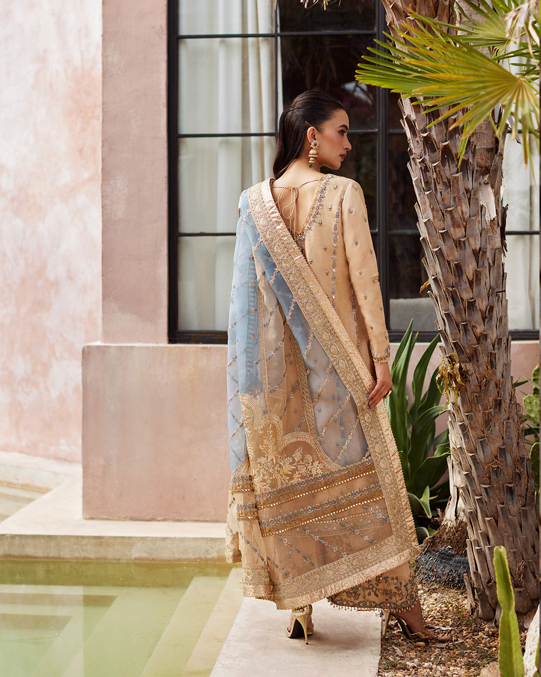 Model Wearing Faiza Saqlain Yelena Fawn Shirt with Culottes for wedding wear - Pakistani Designer Wear for Women in UK | Kifat