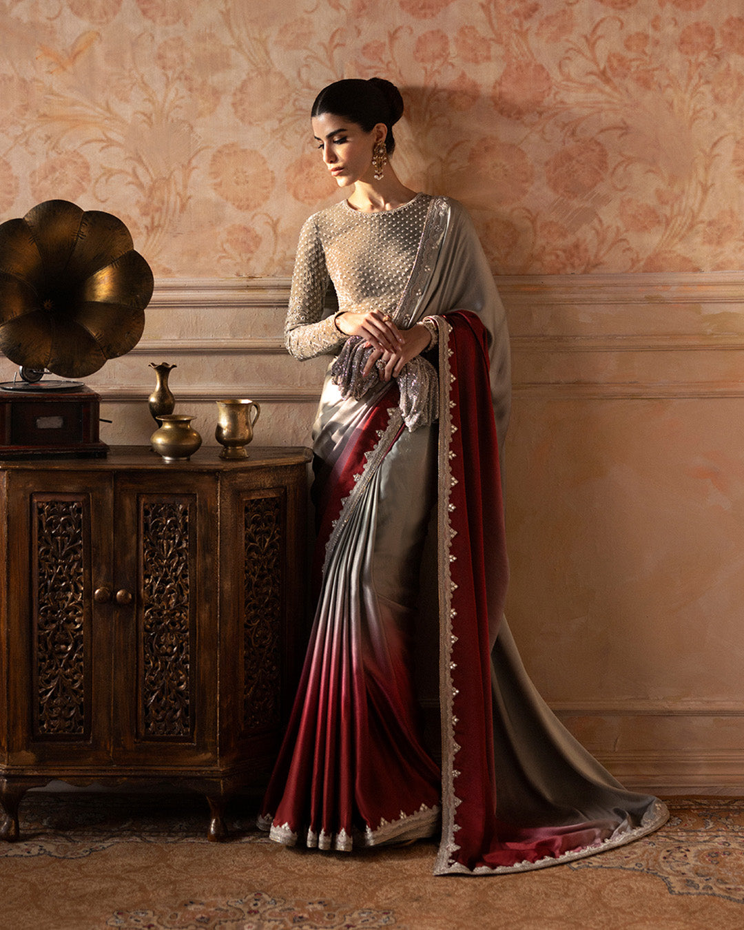 Model Wearing Faiza Saqlain Caryn Ombre Red Saree for wedding wear - Pakistani Designer Wear for Women in UK | Kifat