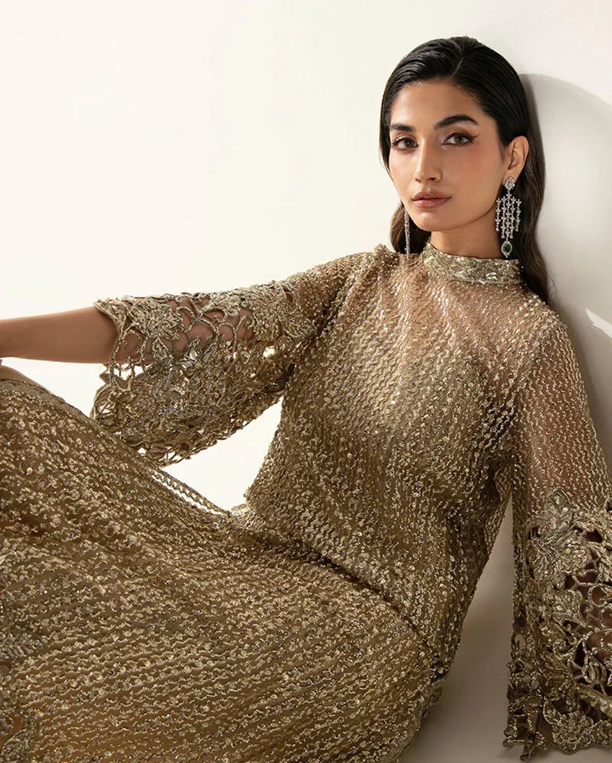 Women Wearing Eve Pale Gold Long Shirt for Festive Events - Pakistani Designer Wear for Women in UK | Kifat