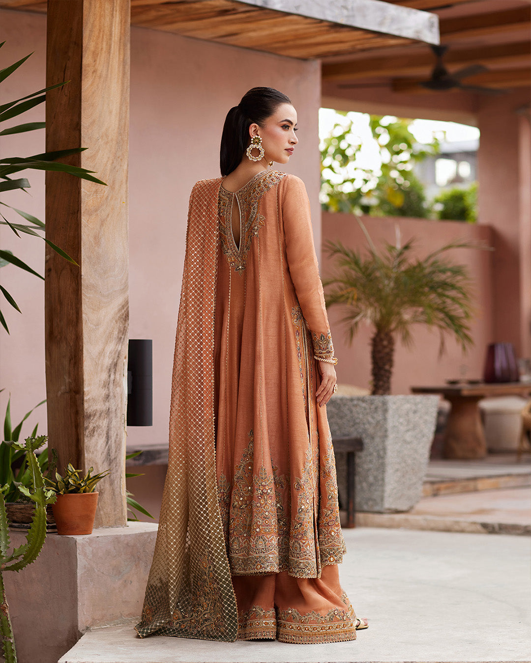 Model Wearing Faiza Saqlain Dalisay Rust Shirt with Gharara for wedding wear - Pakistani Designer Wear for Women in UK | Kifat