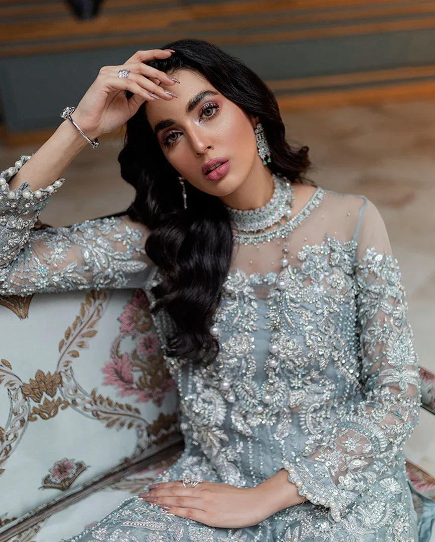 Women Wearing Adela (3 Piece) Ice Blue Long Shirt for Formal Events - Pakistani Designer Wear for Women in UK | Kifat
