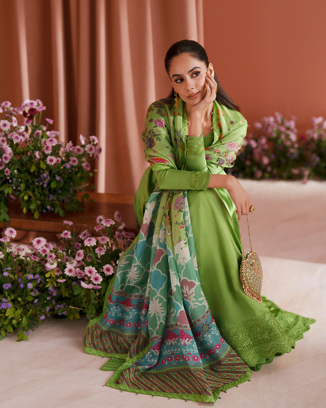 Women Wearing Gomana Pear Green Shirt with Culottes for Luxury Events - Pakistani Designer Wear for Women in UK | Kifat