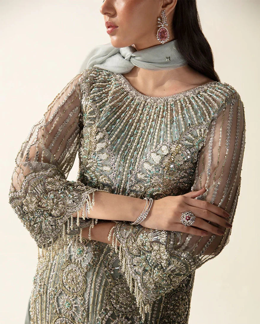 Women Wearing Meline Mint Green Long Shirt for Festive Events - Pakistani Designer Wear for Women in UK | Kifat