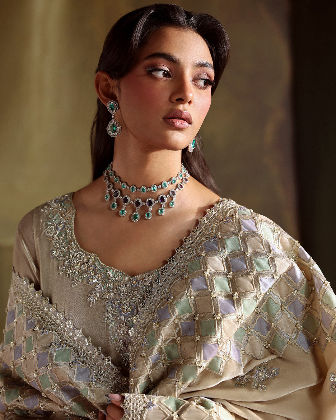 Model Wearing Faiza Saqlain Joella Ivory Gold Kalidaar for wedding wear - Pakistani Designer Wear for Women in UK | Kifat